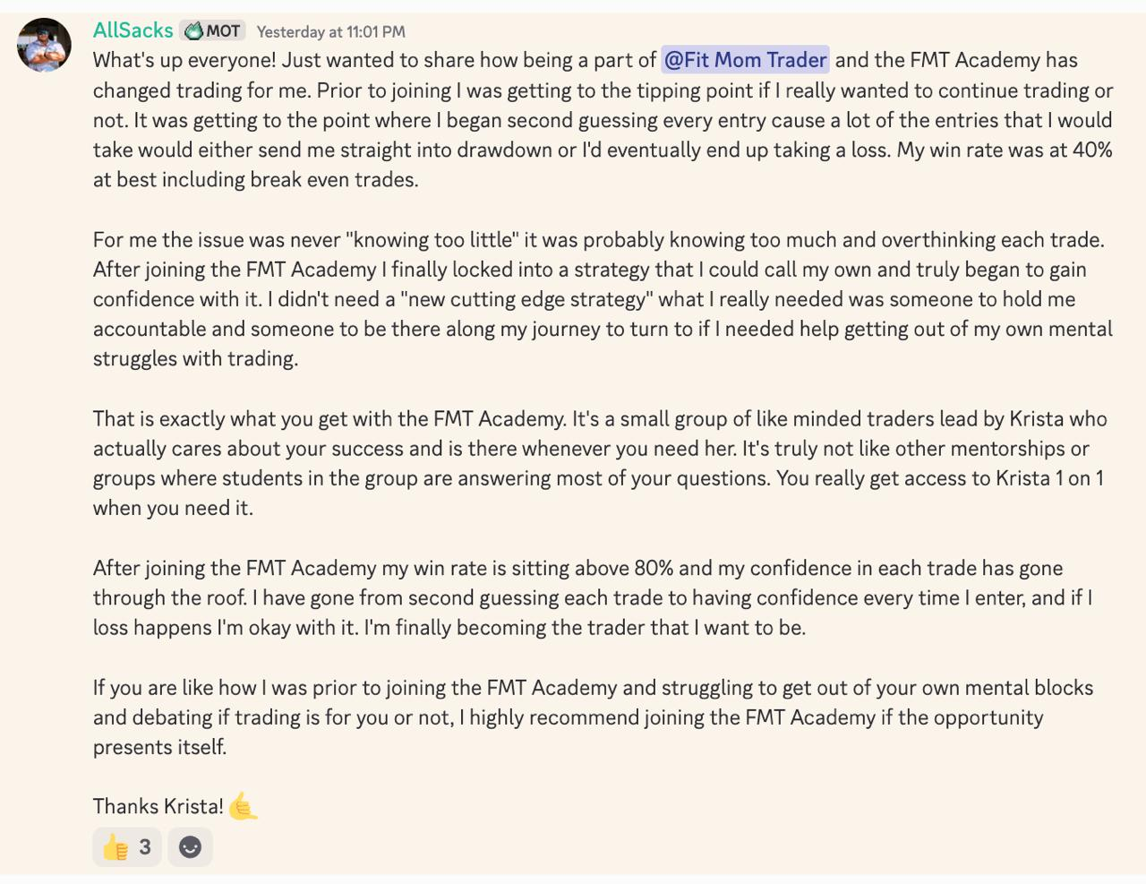 AllSacks Discord testimonial about win rate improvement after joining the FMT Academy