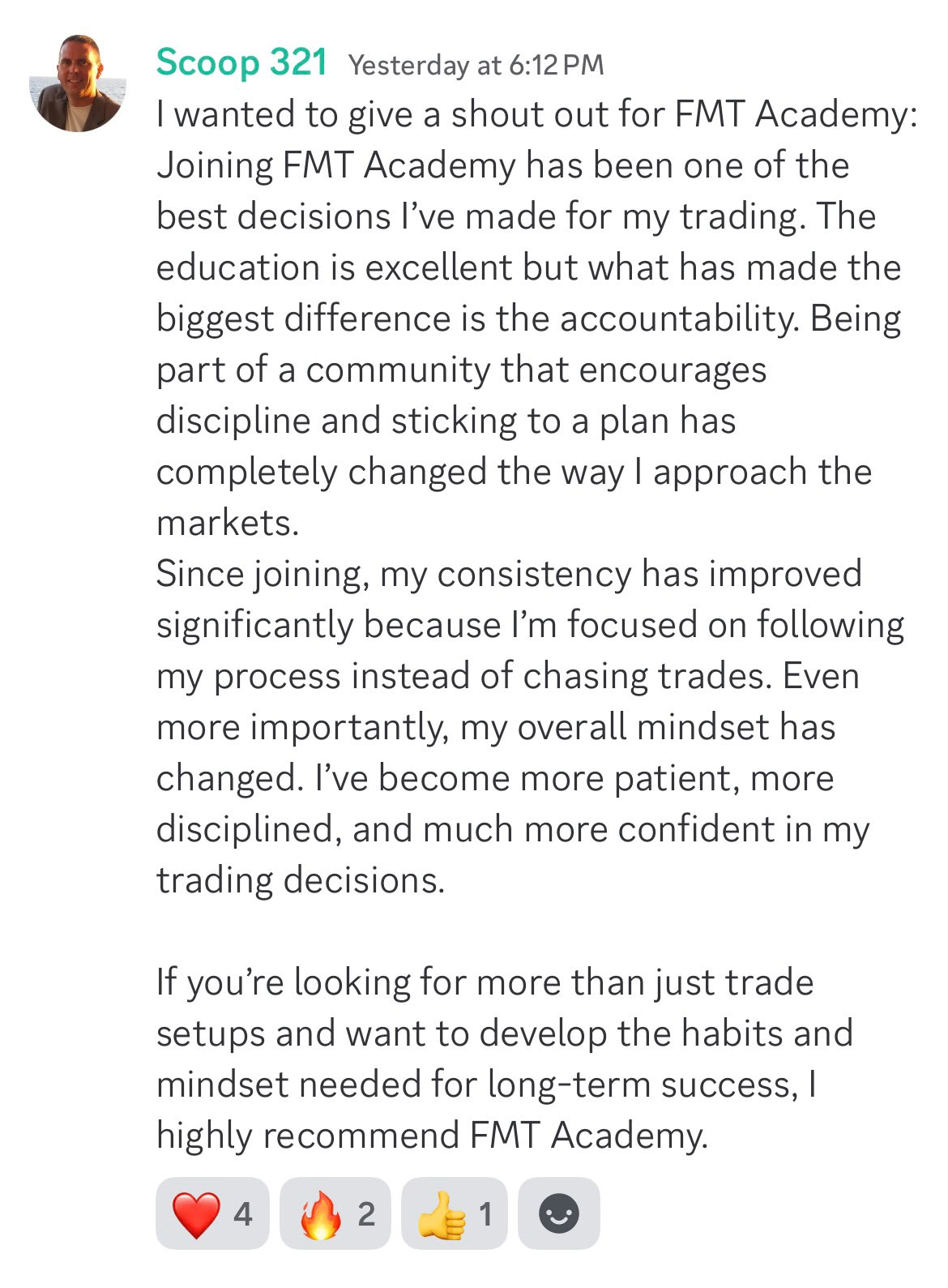 Scoop 321 testimonial about accountability and consistency in FMT Academy