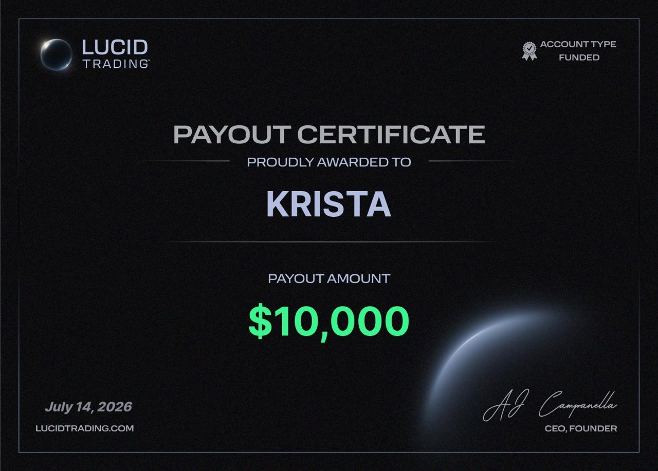 Lucid Trading $10,000 payout certificate for Krista