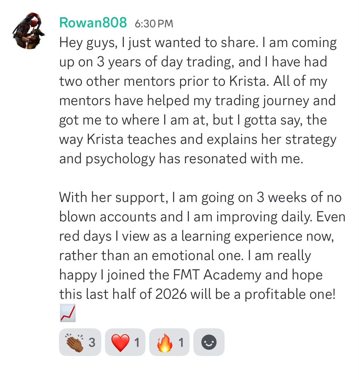 Rowan808 Discord testimonial about joining the FMT Academy